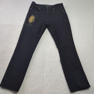 LAUREN RALPH LAUREN Jeans Womens 4 Stretch Cotton Skinny Black Gold Embroidered‎